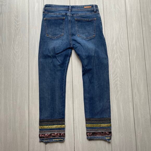 Pilcro Anthropologie Blue Denim Boho Embroidered Hem Crop Jeans Size 27 - Picture 2 of 12